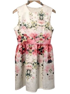 Satin Sleeveless Pink Green & Red Floral Leafy Sheer Sundress Sz M